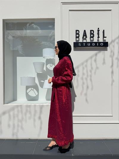 38804 Fermuar Detaylı Kırışık Kadın Elbise Kırmızı