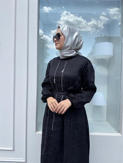 38804 Fermuar Detaylı Kırışık Kadın Elbise Siyah