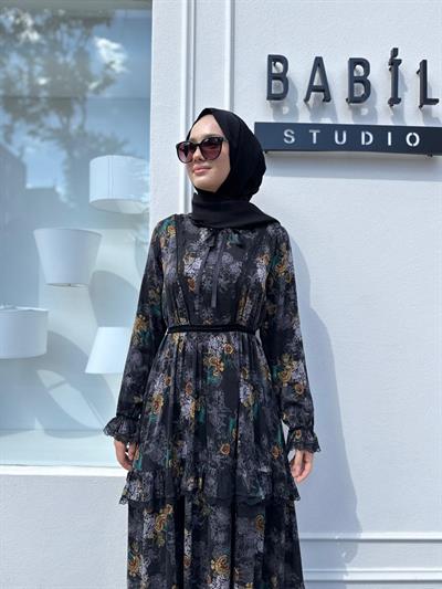 38805 Desenli İpek Kadın Elbise BASKILI JAKAR