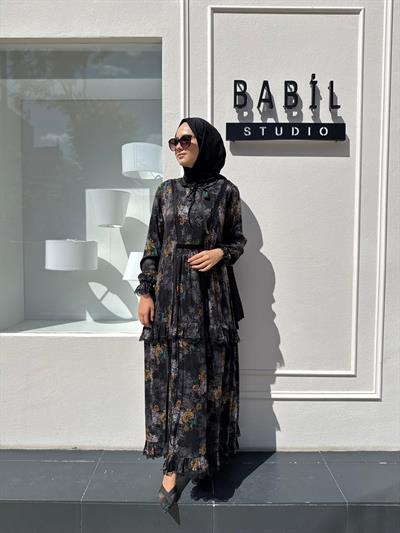38805 Desenli İpek Kadın Elbise BASKILI JAKAR