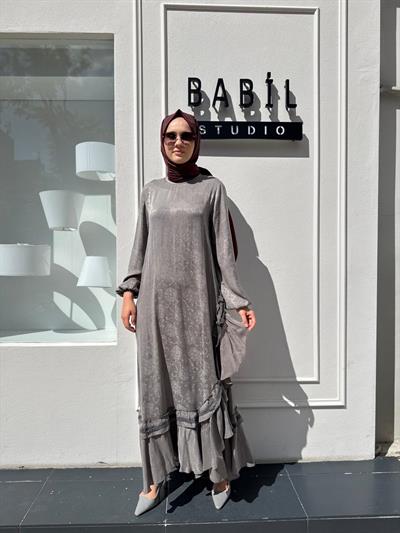 38806 Dantel Detaylı Kadın Elbise Gri