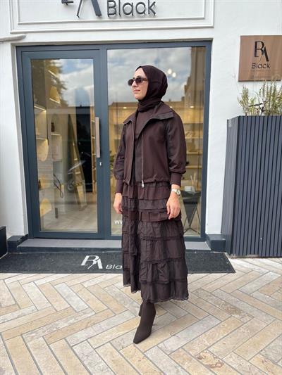 38807 Fırfırlı İkili Elbise Kahve