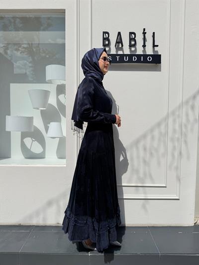 38809 Kendinden Desenli Kadın Elbise Lacivert