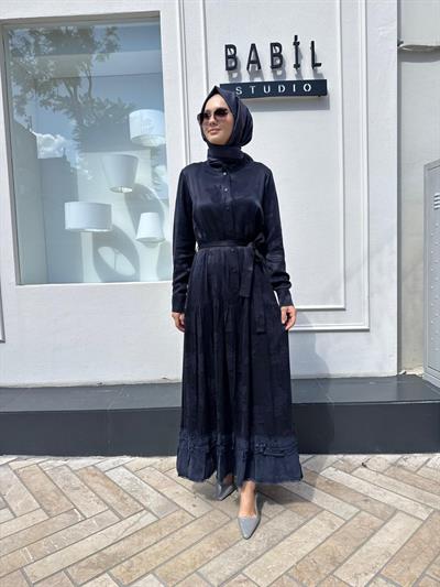 38809 Kendinden Desenli Kadın Elbise Lacivert