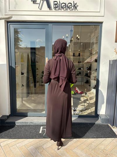 38822 Yaka Fermuar Detay Kadın Elbise Kahve