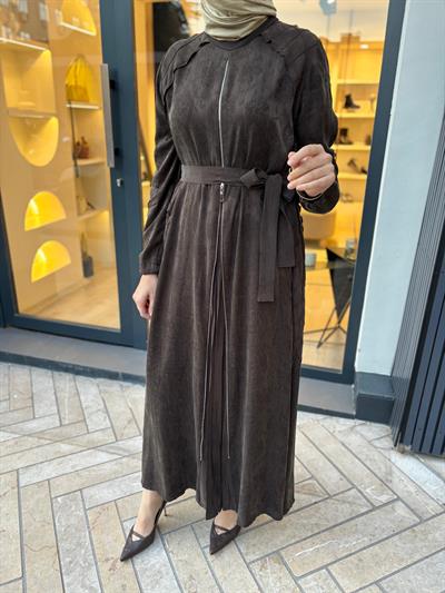 38835 Fermuar Detay Kadın Elbise Kahve