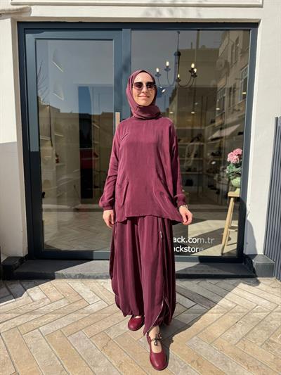 39004 Fermuar Detay Kadın Takım Bordo