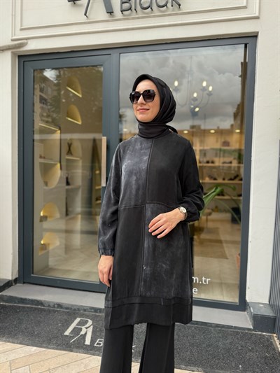 39005 Fermuar Detay Kadın Tunik Siyah
