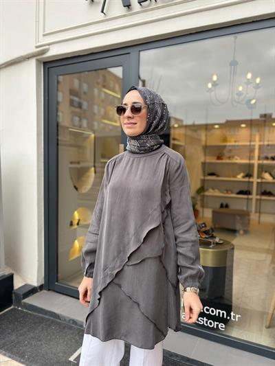 39017 Dikiş Detay Kadın Tunik Gri