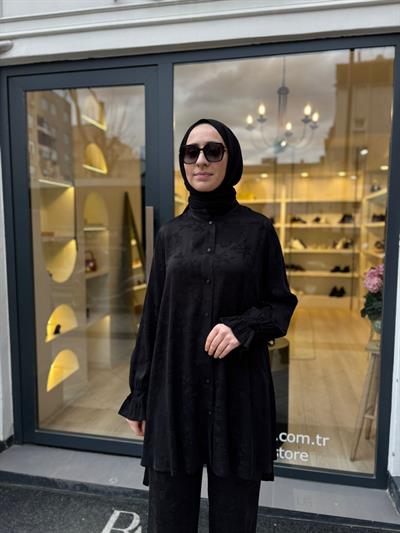 39019 Kendinden Desenli Kadın Takım Siyah