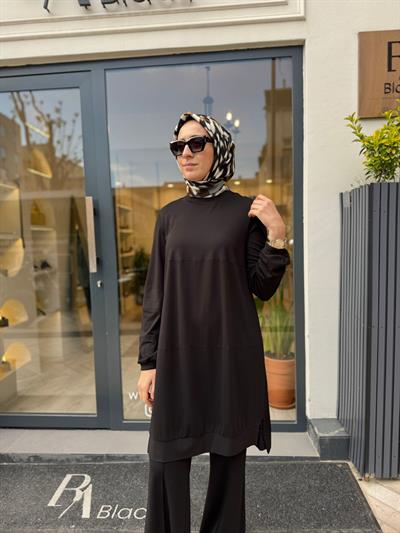 39030 Bisiklet Yaka Uzun Kadın Tunik Siyah