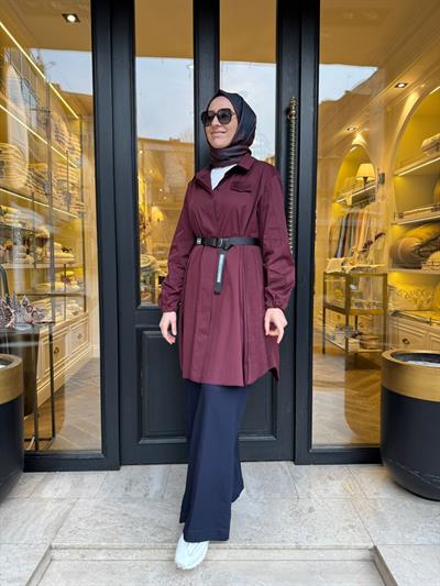 39305 Kemerli Kadın Gömlek Bordo