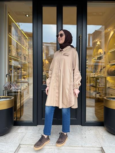 39305 Kemerli Kadın Gömlek Camel