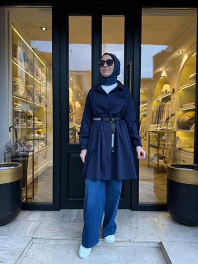 39305 Kemerli Kadın Gömlek Lacivert