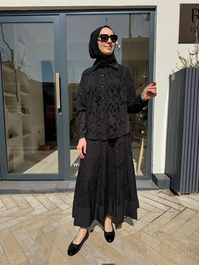 39306 Güpür Detay Kadın Takım Siyah
