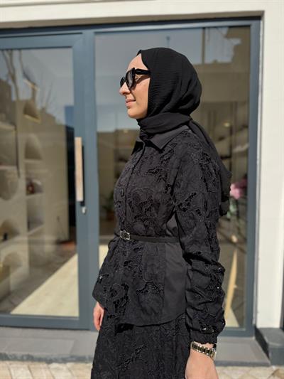 39306 Güpür Detay Kadın Takım Siyah