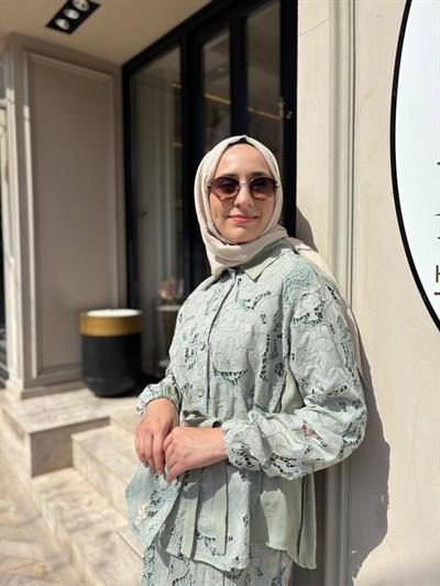 39306 Güpür Detay Kadın Takım Yeşil