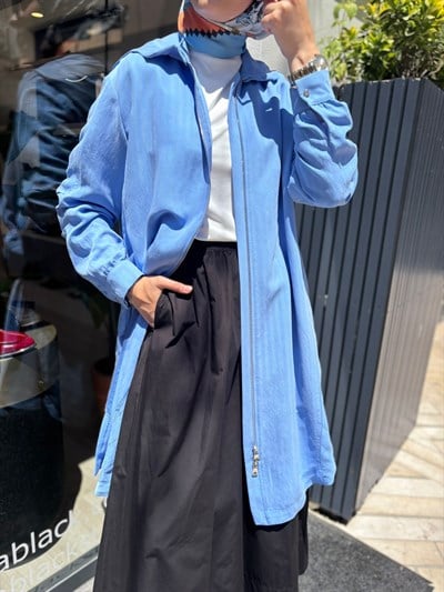 39406 Kapüşonlu Kadın Kap Mavi