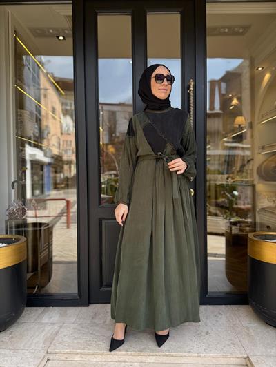 39801 Yamalı Kadın Elbise Haki Yeşil
