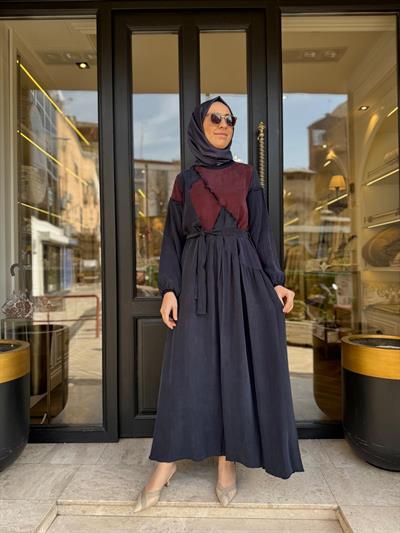 39801 Yamalı Kadın Elbise Lacivert