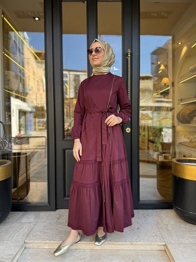 39807 Fermuar Detay Kadın Elbise Bordo