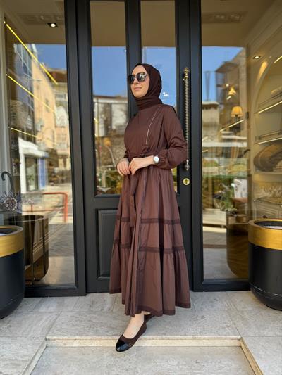 39807 Fermuar Detay Kadın Elbise Kahve