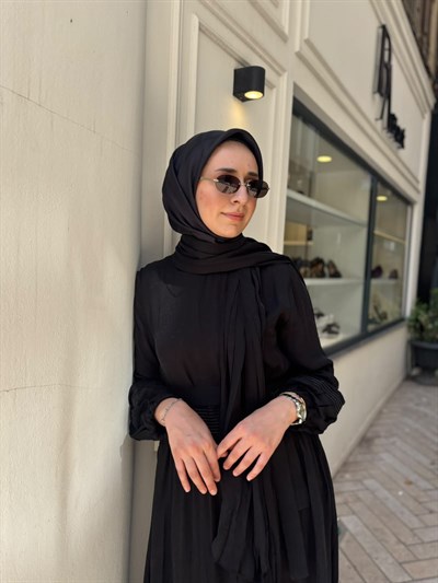 39824 Kendinden Desenli Kadın Elbise Siyah