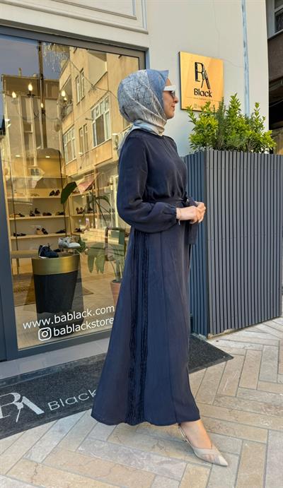 39833 Kuşaklı Kadın Elbise Lacivert