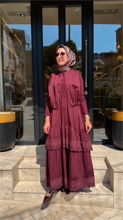39834 Yelekli Kadın Elbise Bordo
