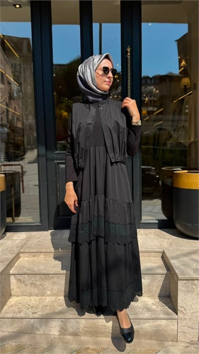 39834 Yelekli Kadın Elbise Siyah