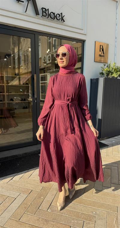 39844 Kuşaklı Kadın Elbise Bordo