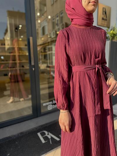 39844 Kuşaklı Kadın Elbise Bordo