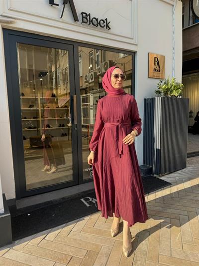 39844 Kuşaklı Kadın Elbise Bordo