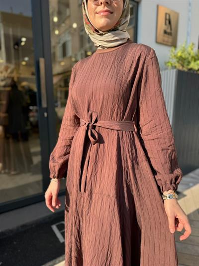 39844 Kuşaklı Kadın Elbise Kahve