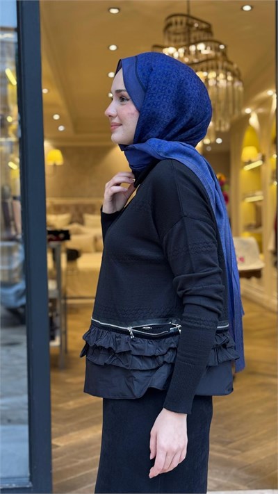 40008 Fermuar Detay Kadın Triko Tunik Siyah