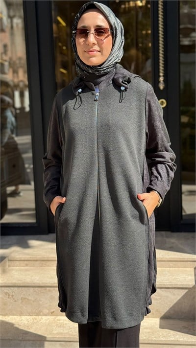 40401 Kapüşonlu Kadın Kap Füme