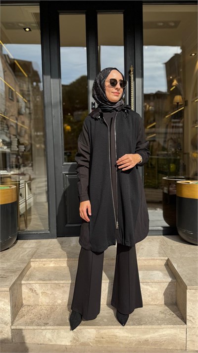 40401 Kapüşonlu Kadın Kap Siyah