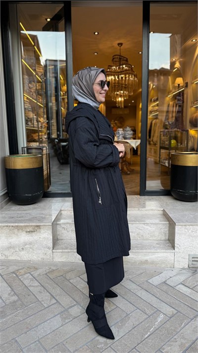 40402 Fermuarlı Kadın Trençkot Siyah