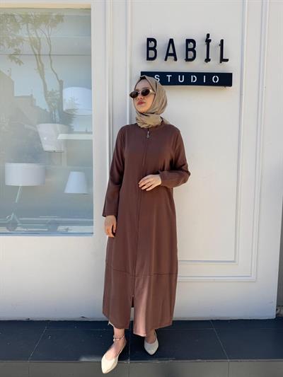 404888-1 Fermuarlı Düz Basic Kadın Kap Kahve