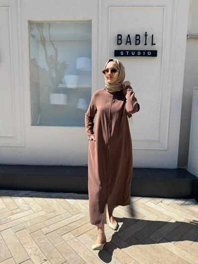 404888-1 Fermuarlı Düz Basic Kadın Kap Kahve
