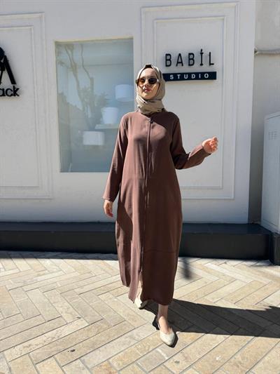404888-1 Fermuarlı Düz Basic Kadın Kap Kahve
