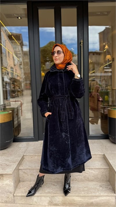40500 Dokulu Kadın Pardesü Lacivert