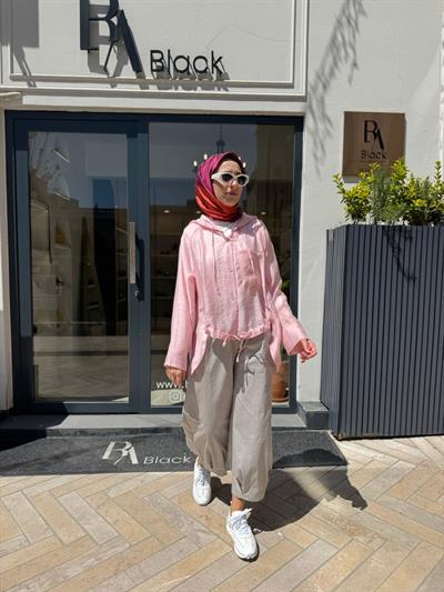 405034 Kapüşonlu Kadın Kap Pembe