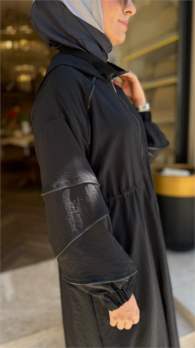 405043 Fermuar Detaylı Kapişonlu Kadın Kap Siyah