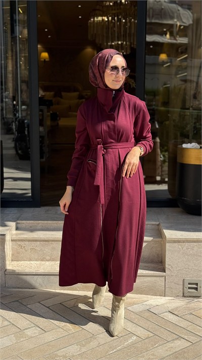 40517 Fermuar Kapama Kadın Pardesü Bordo