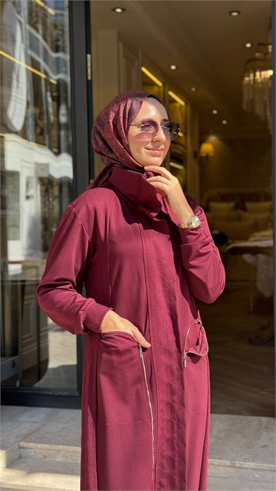 40517 Fermuar Kapama Kadın Pardesü Bordo