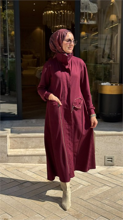 40517 Fermuar Kapama Kadın Pardesü Bordo