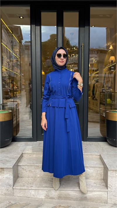 40803 Fermuar Detay Kadın Elbise Saks Mavi