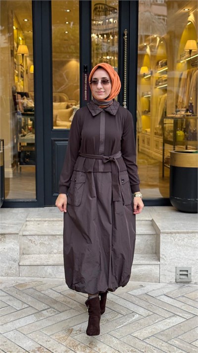 40808 Paraşüt Detay Kadın Elbise Kahve