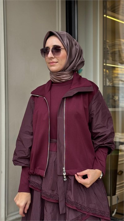 40809 Yelekli Kadın Elbise Bordo